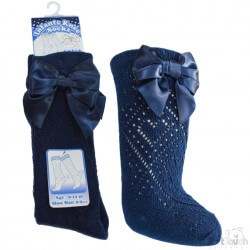 Soft touch babykniekous ajour met satijnen strik marine